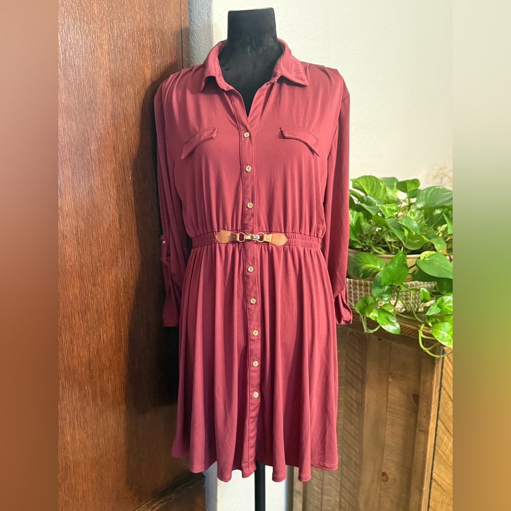 Long-Sleeve Button-Front Shirt Dress in Deep Wine with Belt